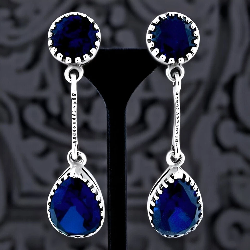 ANTIQUE STYLE 925 STERLING SILVER 8 CARAT SIMULATED SAPPHIRE EARRINGS     #613 - Image 1 of 1