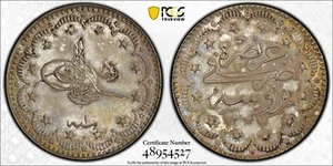 TURKEY - OTTOMAN , 5 KURUSH MOHAMED V 1327/1 AH BURSA UNC - PCGS MS 62 , RAREX - Picture 1 of 1