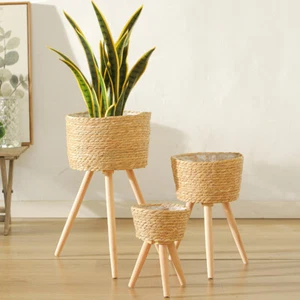 Wooden Flower Stand Man Woven Basket Plant Rattan Standing Planter - Picture 1 of 12
