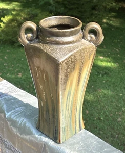 CRACKLE Drip GLAZED POTTERY VASE w HANDLES ~ 10" Heavy ~ TRI-COLOR ~ Stoneware - Picture 1 of 11