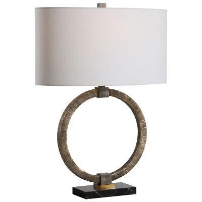 Rustic Tribal Bronze Gold Ring Table Lamp Open Circle White Round Textured - Image 1 of 4