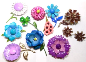 VTG GORGEOUS LOT 10 ENAMEL METAL FLOWER~1 SET HEDY~WEISS~LISNER BROOCH PIN EAR'S - Picture 1 of 5