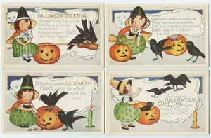 Whitney Made Halloween Little Witch Crows Pumpkins set of 4 Postcards - Picture 1 of 10