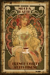 Mucha French Coffee Advert Aged Look Vintage Retro Style Metal Sign - Picture 1 of 5
