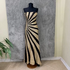La Femme Strapless Contrast Sequin Formal Maxi Gown women’s 4 Black/Gold - Picture 1 of 15