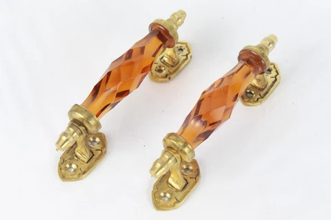 Antique Glass Door Handle Vintage Victorian Style Amber Glass Brass Handle 2 Pcs Cover