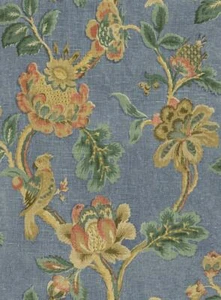 Wallpaper Jacobean Tan Green Brown Teal Floral Vine on Blue Faux,56 sq ft / bolt - Picture 1 of 1