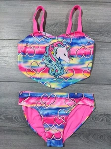 Rainbow Unicorn Swimwear Girls X-LARGE 14-16 Hearts 2-Piece Swim Suit Cute - Picture 1 of 4