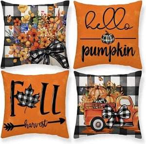 4pcs Fall Pillow Covers Throw Pillowcase Autumn Pumpkin Thanksgiving Decor 18x18 - Picture 1 of 7
