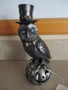 NWT Halloween Steampunk Resin Owl, LED Light Up, Jack O' Lantern Black Silver 9" - Picture 1 of 2