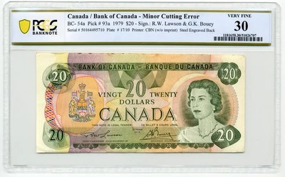 1979 $20 Bank of Canada, BC-54a , MINOR CUTTING ERROR - Choice VF, PCGS VF30 - Image 1 of 2
