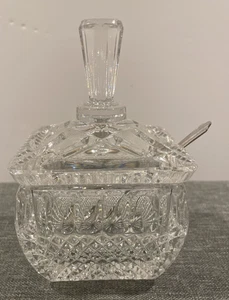 Vintage Lead Crystal Square Jam Jar/Sugar Bowl With Lid, Stainless Steel Spoon - Picture 1 of 13