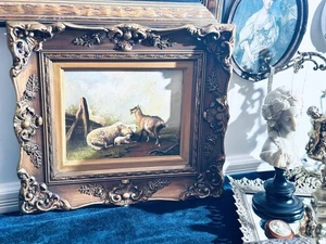 Vintage signiertes Ölgemälde verzierter Rahmen Schaf Ziege Bauernhof - Bild 1 von 6