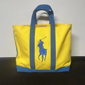 Ralph Lauren POLO Canvas Blue Yellow Big Pony Embroidery Tote Bag Vintage - Picture 1 of 8