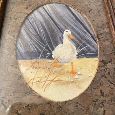 Vintage Miniature Watercolor White Goose With Cork Mat by Judy Matthews Framed - Image 1 of 4