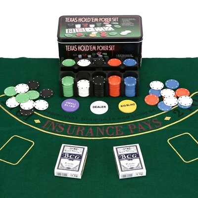 200 Poker Game Texas Hold'em Set Gaming Mat Chips 2 Decks Playing Card With Box - Image 1 of 4