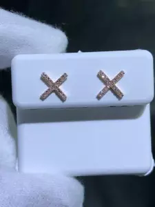 14k Rose Gold Natural White Diamonds X Stud Design Unique Earrings Gift - Picture 1 of 11