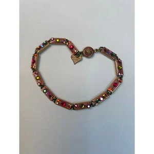 Vintage GLASS WORKS STUDIO Pink Rhinestone Link Bracelet Signed Bronze Tone Snap - Picture 1 of 8