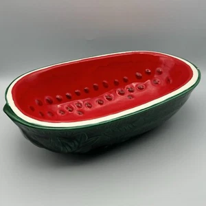 Vintage Glazed Pottery Serving Watermelon Oval Bowl Platter 14” - Picture 1 of 14
