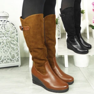 Botas de cuña media pantorrilla damas elegantes cómodas cremallera mujeres imitación gamuza forradas zapatos tallas - Imagen 1 de 17