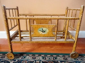 Doll crib Vintage Doll Bed with Birds Applied on sides wooden WHEEL Antique - Picture 1 of 8