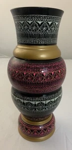 Hand Painted Wooden Vase Carved Crafted Colorful Black White Gold Pink India - Picture 1 of 8
