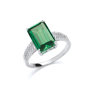 Emerald Solitaire Ring Solid Sterling Silver Emerald Cut Cocktail Ring - Picture 1 of 2