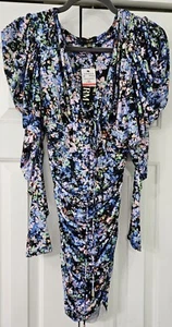 AFRM  Ruched Deep V neck Floral Knit MINI Dress Puff Sleeve XS NWT Retail  $118. - Picture 1 of 11