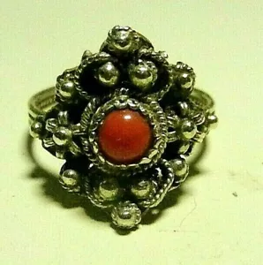 Antique Etruscan CORAL Sterling Silver Filigree Dots Ring Sz 9 - Picture 1 of 5