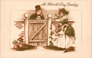 ST. PATRICK'S DAY POSTCARD Irish Lad & Lass Visiting Over Gate Copyright 1910 - Picture 1 of 2
