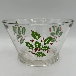 Indiana Glass Christmas Holly Red Berries Serving Dish Bowl Ice Bucket Vintage - Picture 1 of 6