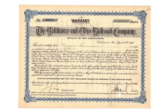 Baltimore & Ohio Railroad Co. Warrant 7/10th 1906 Share Common Capital Stock Blu - Picture 1 of 2