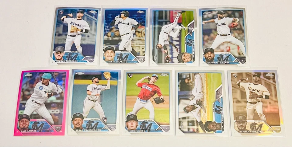 MIAMI MARLINS 2023 Topps Chrome Baseball - 9 Card Lot - Parallel/RC/Vets - Image 1 of 1