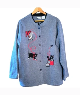 Suéter Cárdigan Blair Vintage Gris Amantes de los Gatos Divertidos Gatitos Botón Frontal 1X Foto 1 de 4