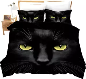 Animal Duvet Cover Queen Size Pet Cat Comforter Set Black Cat with Yellow Eyes P - Picture 1 of 6