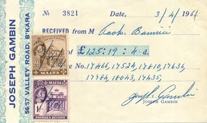 MALTA 1961, NICE RECEIPT DOCUMENT WITH 2 POSTAGE STAMPS USED AS REVENUES. #D147 - Picture 1 of 1