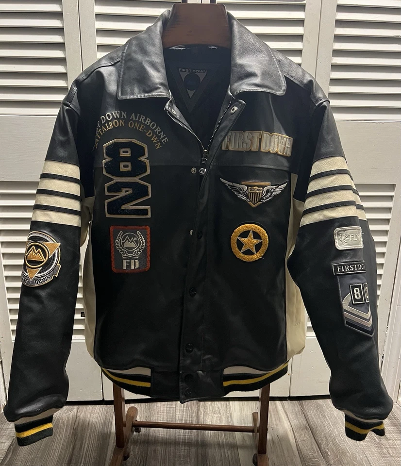 First Down Vintage PVC Casting Leather Varsity Bomber Jacket Men Size XL - Image 1 of 4