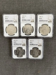 Lot - 5 AU NGC Morgan Silver Dollars - 1879, 1880 O, 1889, 1891 O, 1896 O - Picture 1 of 2