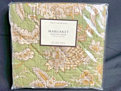 POTTERY BARN Margaret Green and Cream 26" x 26" Quilted Euro Pillow Sham New - Image 1 of 4