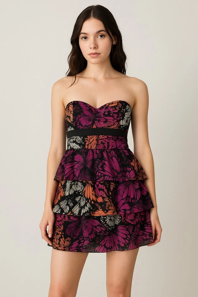 Vestido Forever 21 De Colección Y2K Estampado Mariposa Gasa Volantes en Niveles Hada Glamour Grande Foto 1 de 4