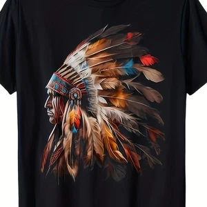 Indian Headdress Pattern T-shirt For Men, Summer Pattern Printed Short Sleeved T - Picture 1 of 9