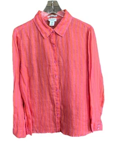 Nicole Miller Shirt Button Front Long Sleeve Linen Orange Pink Stripe Women's M - Picture 1 of 10