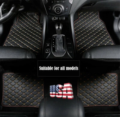 4X Stylish PU Leather Auto Floor Mats Black & Beige Line Pedal for Safe Driving Foto 1 de 4
