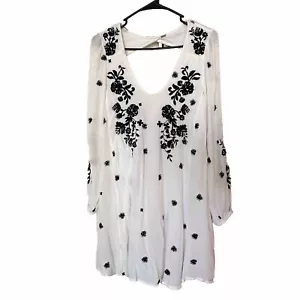 Free People Cream Mini Tunic Pocket Dress Boho Floral Embroidered Sz M ? *READ* - Picture 1 of 14