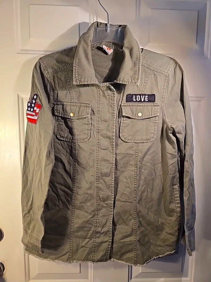 Parches de letrero de paz hippie verde a presión de chamarra de comida chatarra The Beatles talla S Foto 1 de 4