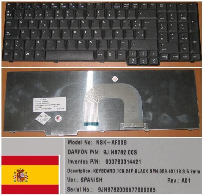 Keyboard qwerty Spanish Acer 9800 KB.AAK07.003 9J.N8782.10S NSK-AF10S NSK-AF00S - Image 1 of 1