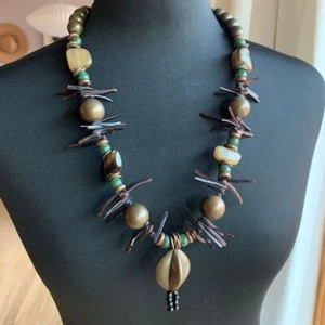 Boho Brass Bead Shell Stick Green Brown Quartz Chunky Stone Necklace 27.5" - Picture 1 of 6