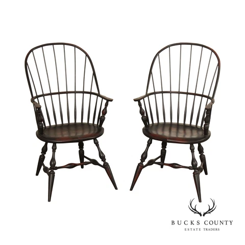 Early American Style Pair of Ebonized Windsor Armchairs Cover