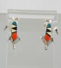 Vintage Zuni Corn Earrings Sterling Silver Inlay Coral Turquoise Jet Post