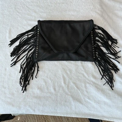 Tylie Malibu Black Leather Studded Fringe Lined Clutch Purse Magnet Close Pocket - Image 1 of 4